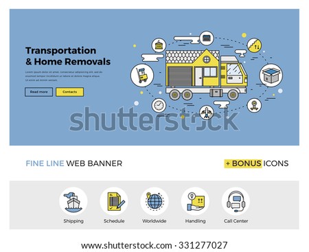 Flat line design of web banner template with outline icons of home relocation service, worldwide transportation assistance, moving house. Modern vector illustration concept for website or infographics