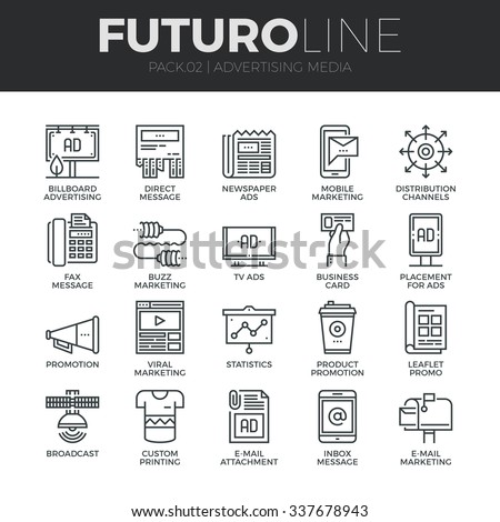 Modern thin line icons set of advertising media channels and ads distribution. Premium quality outline symbol collection. Simple mono linear pictogram pack. Stroke vector logo concept for web graphics