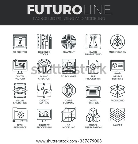 Modern thin line icons set of 3D printing, 3D modeling and scanning technology. Premium quality outline symbol collection. Simple mono linear pictogram pack. Stroke vector logo concept for web graphic