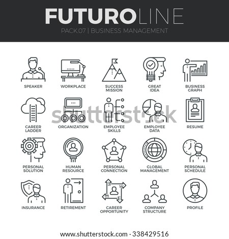 Modern thin line icons set of business people management, employee organization. Premium quality outline symbol collection. Simple mono linear pictogram pack. Stroke vector logo concept, web graphics.