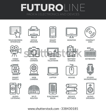 Modern thin line icons set of home electronics and personal multimedia devices. Premium quality outline symbol collection. Simple mono linear pictogram pack. Stroke vector logo concept for web graphic