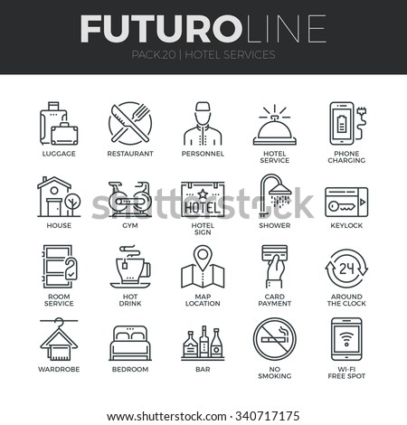 Modern thin line icons set of hotel service amenities, rent house facilities. Premium quality outline symbol collection. Simple mono linear pictogram pack. Stroke vector logo concept for web graphics.