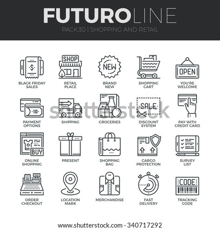 Modern thin line icons set of internet shopping, retail store and online sales. Premium quality outline symbol collection. Simple mono linear pictogram pack. Stroke vector logo concept for web graphic