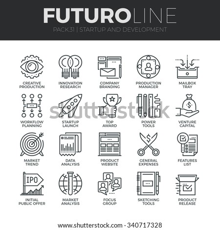 Modern thin line icons set of startup business and launch new product on market. Premium quality outline symbol collection. Simple mono linear pictogram pack. Stroke vector logo concept, web graphics.