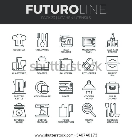 Modern thin line icons set of kitchen utensils, household tools and tableware. Premium quality outline symbol collection. Simple mono linear pictogram pack. Stroke vector logo concept for web graphics