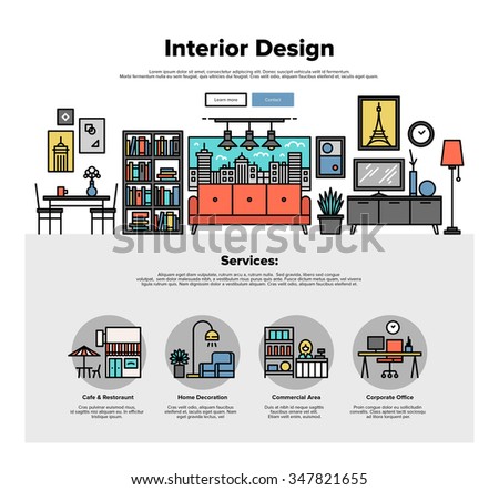 One page web design template with thin line icons of commercial property decoration, real estate interior improve, apartment dwelling. Flat design graphic hero image concept, website elements layout.