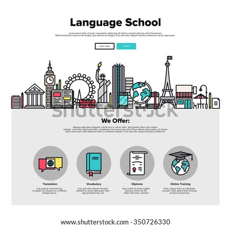 One page web design template with thin line icons of language school training program, study foreign language abroad, internet lessons. Flat design graphic hero image concept, website elements layout.