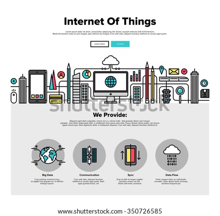 One page web design template with thin line icons of internet of things data technology, network infrastructure of connecting everything. Flat design graphic hero image concept website elements layout