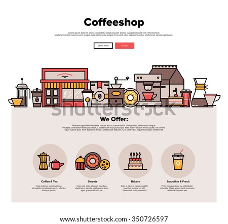 One page web design template with thin line icons of local coffeeshop exterior, coffee cafe with sweets retail service, hipster bakery. Flat design graphic hero image concept, website elements layout.