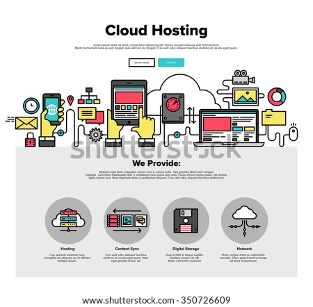 One page web design template with thin line icons of cloud hosting provider service, network server communication, business data solution. Flat design graphic hero image concept website element layout