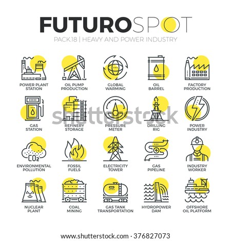 Stroke line icons set of power plant, resource mining, electricity industry. Modern flat linear pictogram concept. Premium quality outline symbol collection. Simple vector material design, web graphic