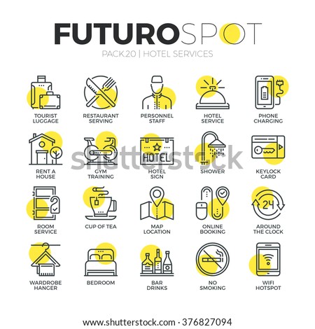 Stroke line icons set of hotel accommodation services, house amenities. Modern flat linear pictogram concept. Premium quality outline symbol collection. Simple vector material design of web graphics.
