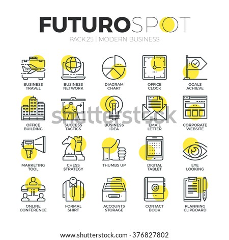 Stroke line icons set of doing business using marketing technology ideas. Modern flat linear pictogram concept. Premium quality outline symbol collection. Simple vector material design of web graphics