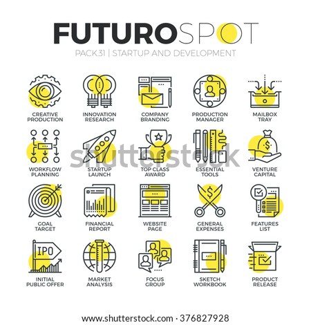 Stroke line icons set of business startup, market vision and brand mission. Modern flat linear pictogram concept. Premium quality outline symbol collection. Simple vector material design, web graphics