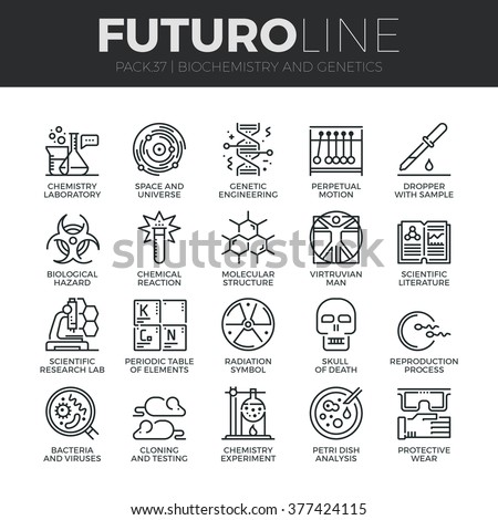 Modern thin line icons set of biochemistry research, biology laboratory experiment. Premium quality outline symbol collection Simple mono linear pictogram pack Stroke vector logo concept, web graphics