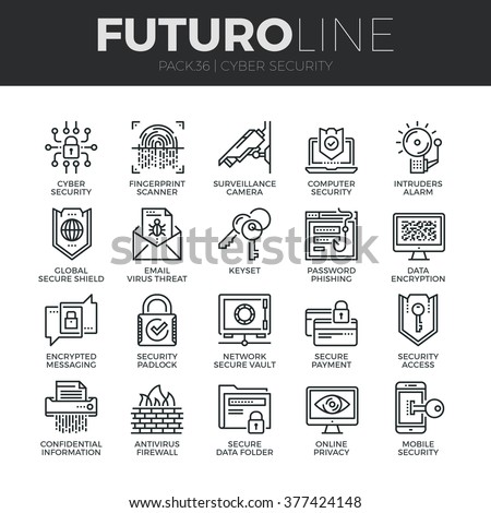 Modern thin line icons set of cyber security, computer network protection. Premium quality outline symbol collection. Simple mono linear pictogram pack. Stroke vector logo concept for web graphics.