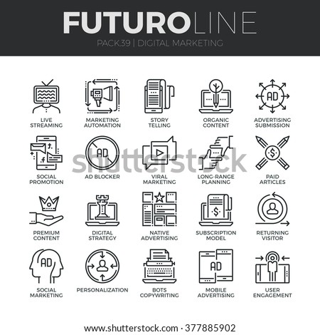 Modern thin line icons set of digital marketing, live streaming and advertising. Premium quality outline symbol collection. Simple mono linear pictogram pack. Stroke vector logo concept, web graphics.