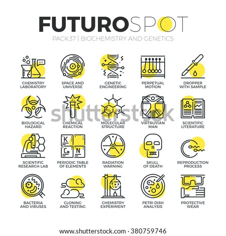 Stroke line icons set of genetics lab research, biochemistry experiment. Modern flat linear pictogram concept. Premium quality outline symbol collection. Simple vector material design of web graphics.