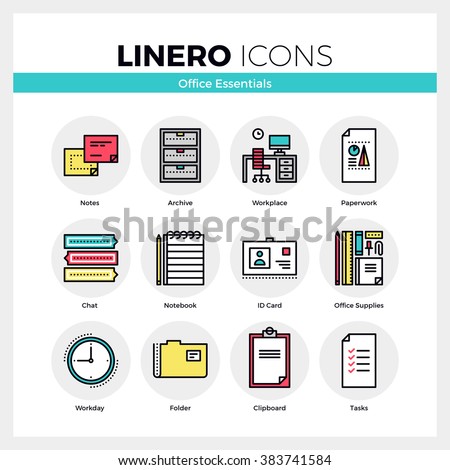 Line icons set of office essential tools, business supplies. Modern color flat design linear pictogram collection. Outline vector concept of stroke symbol pack. Premium quality web graphics material.