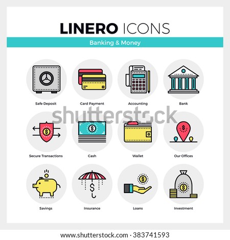 Line icons set of banking services and money savings. Modern color flat design linear pictogram collection. Outline vector concept of mono stroke symbol pack. Premium quality web graphics material.