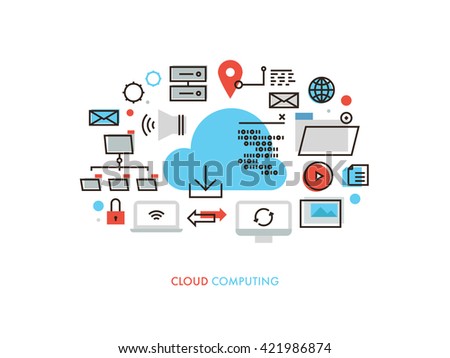 Thin line flat design of cloud computing datum architecture, internet network security connection for worldwide business multimedia. Modern vector illustration concept, isolated on white background.