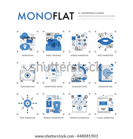 Infographics icons collection of marketing media, advertising stand, product promotion ads. Modern thin line icons set. Premium quality vector illustration concept. Flat design web graphics elements.