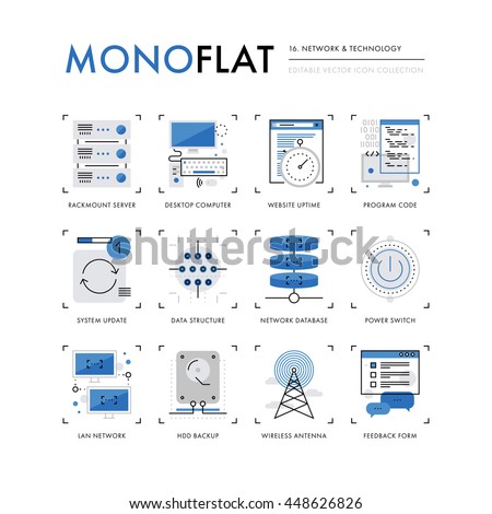 Infographics icons collection of computer network technology, database server connection. Modern thin line icons set. Premium quality vector illustration concept. Flat design web graphics elements.