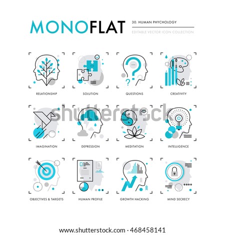 Infographics icons collection of human intelligence, psychology models, mental operations. Modern thin line icons set. Premium quality vector illustration concept. Flat design web graphics elements.