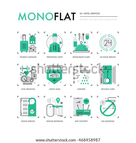 Infographics icons collection of hotel service, reception staff, room service for tourist. Modern thin line icons set. Premium quality vector illustration concept. Flat design web graphics elements.