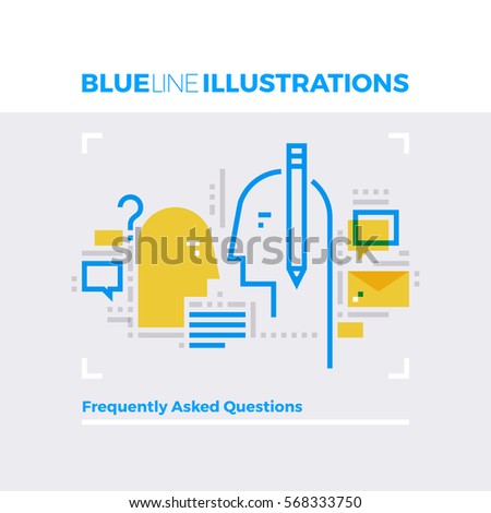 Blue line illustration concept of frequently asking questions, helpline and communication. Premium quality flat line image. Detailed line icon graphic elements with overlay and multiply color forms. 