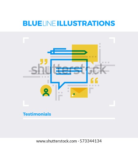 Blue line illustration concept of user testimonials, feedback form and text message. Premium quality flat line image. Detailed line icon graphic elements with overlay and multiply color forms.