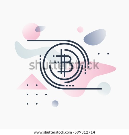 Abstract illustration concept of bitcoin technology, virtual crypto currency services. Premium quality unique graphic design with modern line icon symbol and colored geometric shapes on background. 