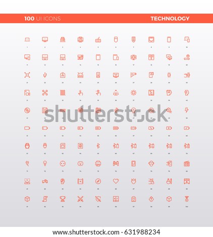 UI icons of various technology device, consumer and personal electronics, media tools, wearable tech for communication. 32px simple line icons set. Premium quality symbols and sign web logo collection