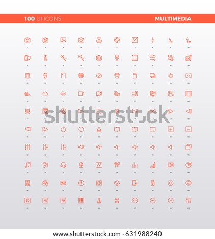 UI icons of multimedia elements for media presentation, audio settings, sound editor application, video camera record. 32px simple line icons set. Premium quality symbols and sign web logo collection.