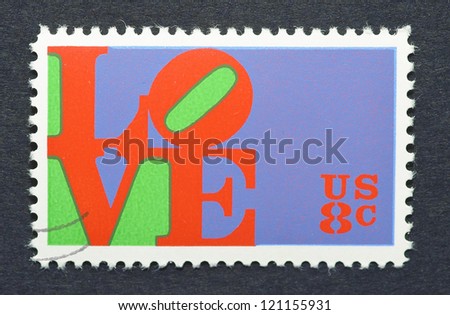 UNITED STATES - CIRCA 1973: a postage stamp printed in United States showing an image of the Love made by Robert Indiana, circa 1973.