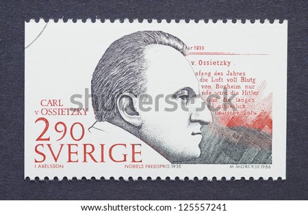 SWEDEN - CIRCA 1986: A postage stamp printed in Sweden showing an image of Nobel Peace Prize winner Carl von Ossietzky, circa 1986.