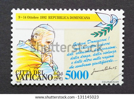 VATICAN CITY - CIRCA 1993: a postage stamp printed in Vatican City to commemorate pope John Paul II travel to Dominican Republic, circa 1993.