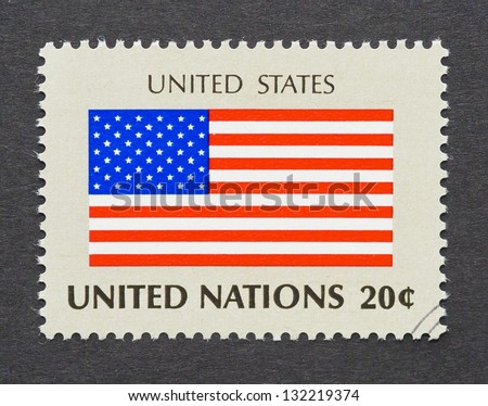 UNITED NATIONS - CIRCA 1981: a postage stamp printed in United Nations showing a an image of United States flag, circa 1981.