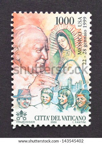 VATICAN CITY - CIRCA 2000: a postage stamp printed in Vatican City to commemorate pope John Paul II travel to Mexico, circa 2000.