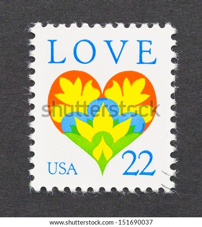 UNITED STATES - CIRCA 1982: a postage stamp printed in United States showing a heart made with leaves and the word Love, circa 1982.