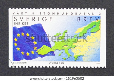 SWEDEN - CIRCA 2000: a postage stamp printed in Sweden commemorative of the Europe Union, circa 2000.
