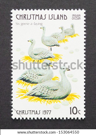 CHRISTMAS ISLAND - CIRCA 1977: a postage stamp printed in Christmas Island showing an image of six geese laying the sixth gift from the Twelve Days of Christmas, circa 1977.