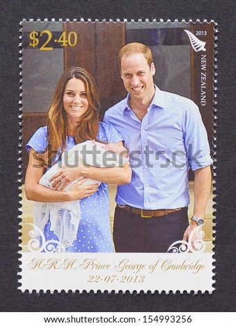 NEW ZEALAND - CIRCA 2013: a postage stamp printed in New Zealand  commemorative of Prince George birth the first child of Prince William and Kate Middleton, circa 2013.