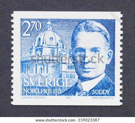 SWEDEN - CIRCA 1981: a postage stamp printed in Sweden showing an image of Nobel prize winner Frederick Soddy, circa 1981.
