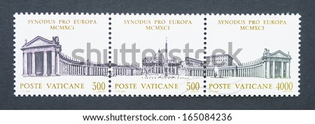 VATICAN CITY - CIRCA 1991: a set of three postage stamps printed in Vatican City showing an image St. PeterÃ¢Â?Â?s square in Vatican, circa 1991.