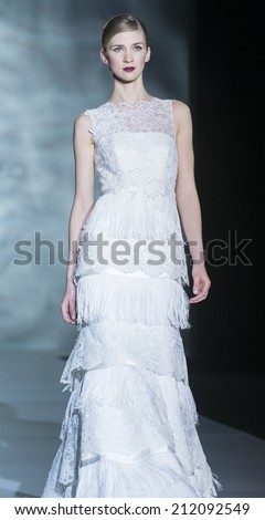 BARCELONA - MAY 08: a model walks on the Patricia Avedano bridal collection 2015 catwalk during the Barcelona Bridal Week runway on May 08, 2014 in Barcelona, Spain.