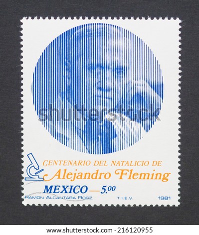 MEXICO - CIRCA 1981: a postage stamp printed in Mexico showing an image of Nobel prize winner Alexander Fleming, circa 1981.