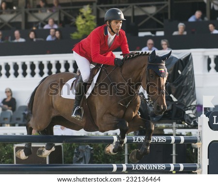 BARCELONA - OCTOBER 09: Pablo Barrios rider in action during the Furusiyya Jumping First Competition in Real Club Polo Barcelona, on October 09, 2014, Barcelona, Spain.