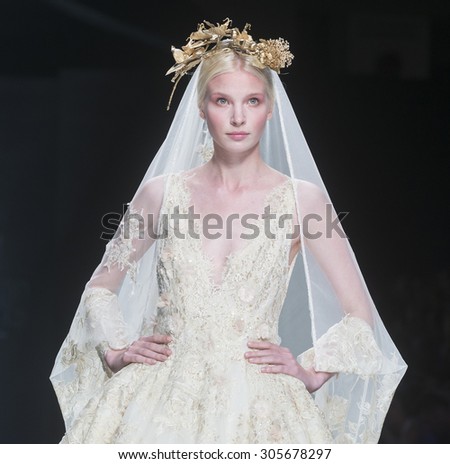 BARCELONA - MAY 06: a model walks on the Yolancris bridal collection 2016 catwalk during the Barcelona Bridal Week runway on May 06, 2015 in Barcelona, Spain.
