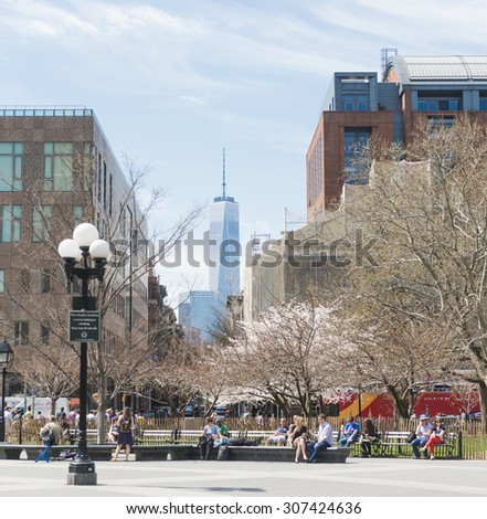NEW YORK CITY - APRIL 18: View of the One World Trade Center from Washington Square Park, on April 18, 2015 in New York City.